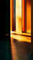 Shadows play beautifully across a modern interior, showcasing an interplay of sunlight and colorful reflections that create a warm and inviting atmosphere.