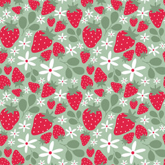 Summer seamless pattern with strawberries and flowers, seasonal strawberry wallpaper, cute design for fabric, interior decor, wrapping paper