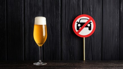 Conceptual image of safe driving with prohibition traffic sign placed on beer foam in glass on dark wooden table. Symbol of no driving under alcohol influence, road safety, drink restriction awareness