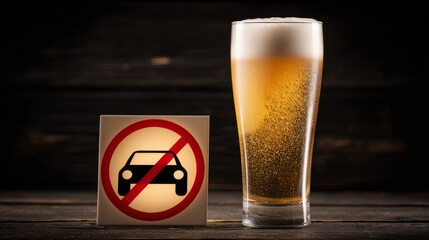 Conceptual image of safe driving with prohibition traffic sign placed on beer foam in glass on dark wooden table. Symbol of no driving under alcohol influence, road safety, drink restriction awareness