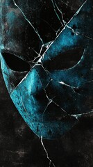 A striking close-up of a cracked blue mask set against a dark background, evoking themes of mystery and intrigue perfect for creative projects and storytelling.