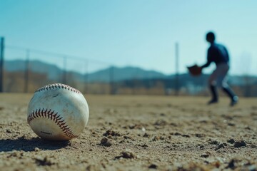 Baseball and glove on field with blurred player