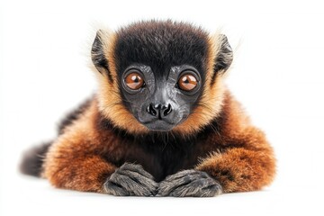 Fototapeta premium Close-up Portrait of a Young Golden-Crowned Sifaka Lemur with Large, Expressive Eyes and Soft, Fluffy Fur, Against a White Background