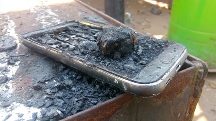 Mobile phone battery exploded and caught fire due to overheating and poor quality. Concept of device failure, battery hazard, fire risk, lithium danger, overheating electronics and safety incident