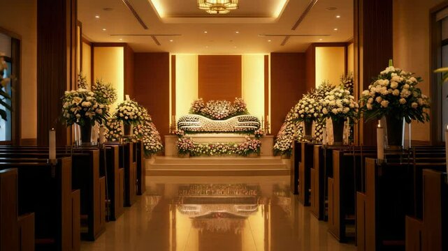 Elegant indoor funeral service with floral arrangements and lighting