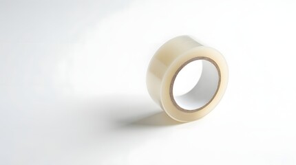 A clear adhesive tape roll displayed against a clean white background, highlighting its smooth surface and versatility.