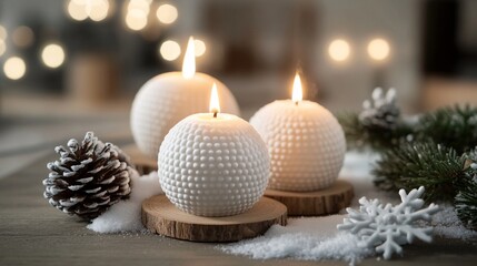 Captivating scene featuring elegant white candles with warm flames, surrounded by pine cones and snow, creating a cozy atmosphere perfect for winter holidays.