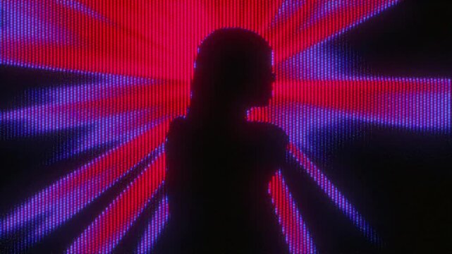 4K Silhouette of woman with radiating red and purple glitch aura, CRT scanlines and analog distortion for motion graphics overlay, screen mode, retro cyberpunk visual and digital identity effect