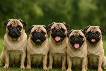Adorable pugs sitting together.