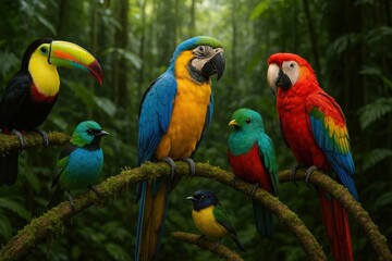 Colorful tropical birds perched.