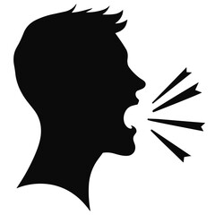 Vector silhouette of speaking person head emoji icon with lines demonstrating speech