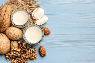 Assorted nuts and two glasses of milk arranged on a light blue wooden surface