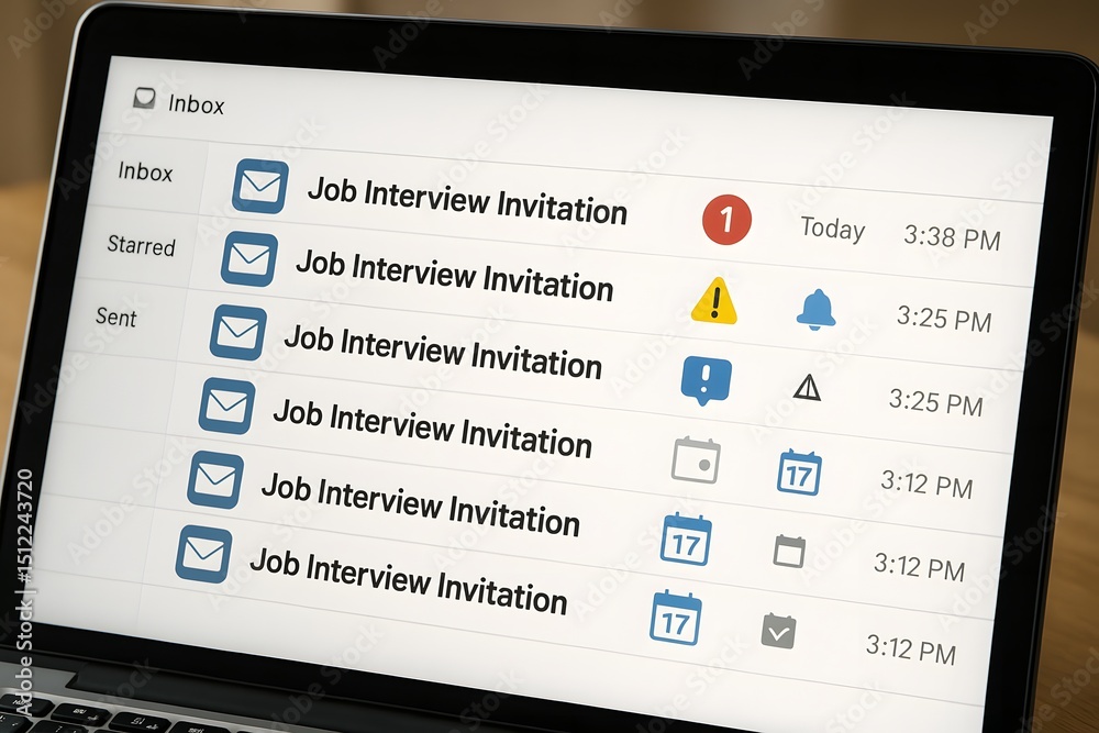 Poster close-up of a laptop screen displaying several job interview invitations, with an email inbox view