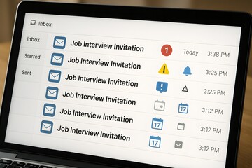 Close-up of a laptop screen displaying several job interview invitations, with an email inbox view