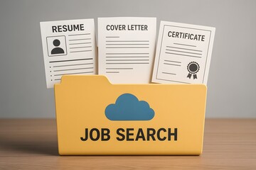 Job search folder with resume, cover letter, certificate documents. A job search folder with the words "Job Search" on it and three documents titled "Resume", "Cover Letter" and "Certificate".