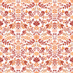 Seamless vector pattern with bright abstract flowers in folk art style on a clean white background. Colorful and decorative design perfect for textiles, wrapping paper, wallpaper, and crafts.