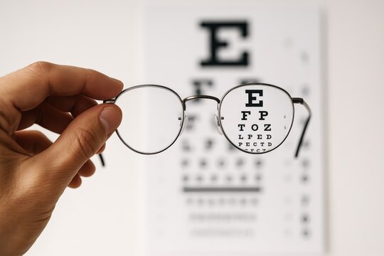 Eye examination with glasses held in hand at an optometrist office - Powered by Adobe