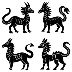 Fototapeta premium Four stylized black mythical creatures with unique tails and neck patterns standing upright design