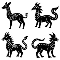 Fototapeta premium Four mythical creatures in black silhouette with unique features and decorative patterns displayed on white