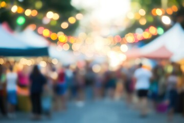 Blurred city street festival with tents and crowds