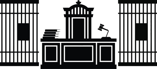 Obraz premium A courtroom scene featuring a judge's bench, gavel, books, and jail cells in a black and white design