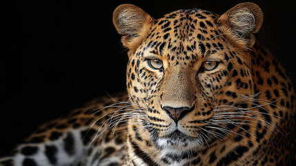 Obraz premium Close-up portrait of a majestic leopard with striking spots and piercing eyes in the darkness