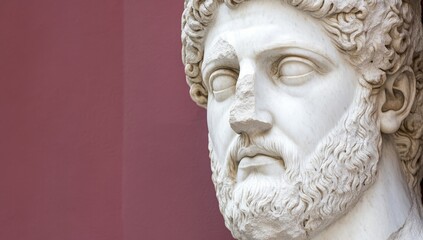 Obraz premium A pink collage comprising a plaster head statue on a grey and pink background with negative space is a form of modern art suitable for personalization