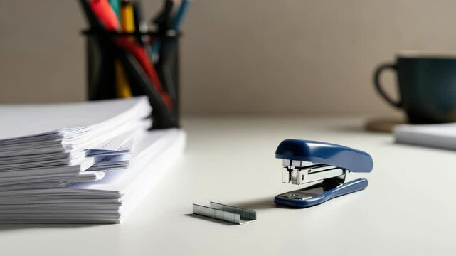 Office supplies on desk, emphasizing stacked papers and stapler