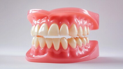 Obraz premium A plastic model of a human jaw with teeth, placed on a white background.
