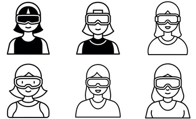 Women in winter sports goggles: a diverse illustration set.