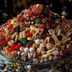 Colorful assortment of festive sweets and candies arranged in a decorative glass bowl during holiday celebrations