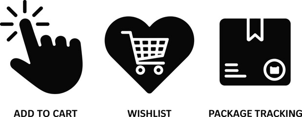 Icons representing online shopping features like add to cart wishlist and package tracking in black and white