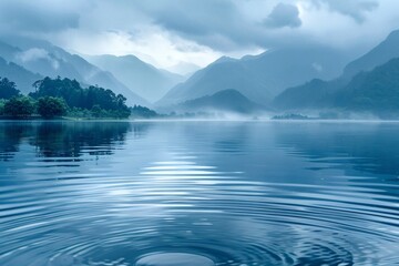 Ripples on the lake in the rainy mist