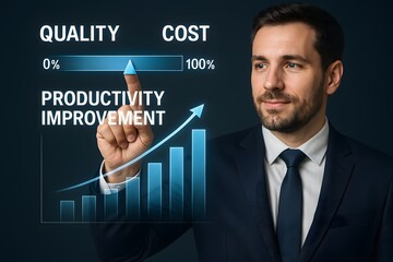 A man points at the quality improvement chart with focus on his performance, Business, Strategy and financial goal achievement. 