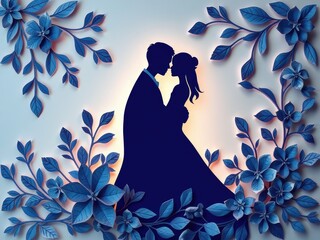 Paper Cut Couple in Cool Floral Embrace