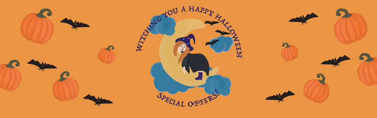 Festive Halloween sale banner featuring a cute witch sitting on a crescent moon, pumpkins, bats and bold text. Perfect for e-commerce, web ads, and seasonal promotions.
