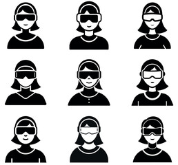 Female Avatar VR Headset Icon Set Silhouettes