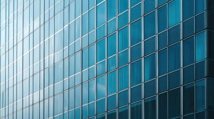 A modern glass building with a blue tint, featuring a grid of windows and a reflective surface.