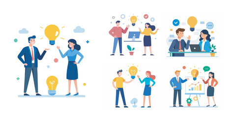 Two people sharing idea with lightbulb bundle vector illustration on white background