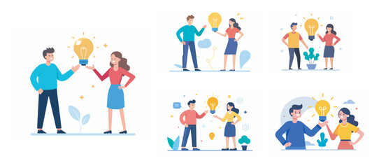 Two people sharing idea with lightbulb bundle vector illustration on white background
