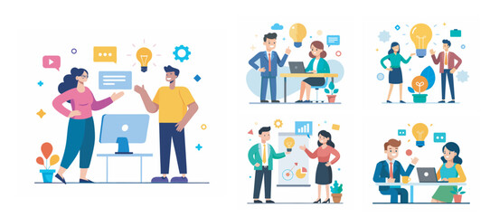 Two people sharing idea with lightbulb bundle vector illustration on white background