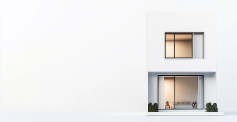Fototapeta premium A sleek, modern white minimalist house with large windows showcasing warm interior light, set against a solid background with a small tree.