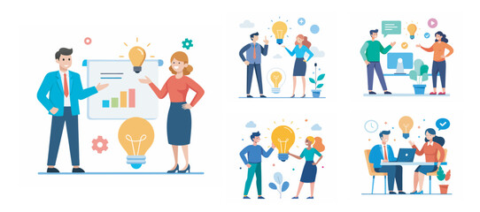 Two people sharing idea with lightbulb bundle vector illustration on white background