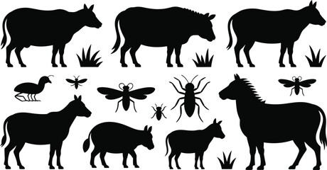 Fototapeta premium A collection of animal and insect silhouettes including cows horses and various types of insects and grass