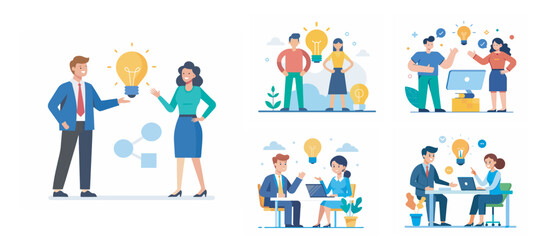 Fototapeta premium Two people sharing idea with lightbulb bundle vector illustration on white background