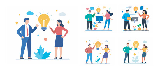 Two people sharing idea with lightbulb bundle vector illustration on white background