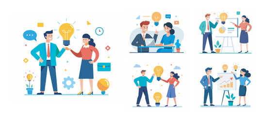 Two people sharing idea with lightbulb bundle vector illustration on white background