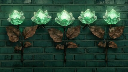 abstract brick wall background with glowing flowers on the top of the wall with copy space for text.