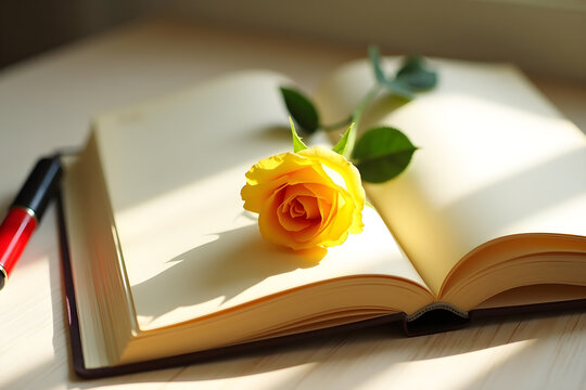 yellow rose on open book, detailed petals, soft focus, highly detailed, cinematic lighting, professional photography, intricate textures