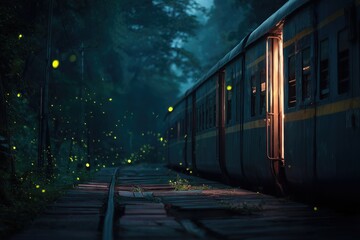 Atmospheric Scene of an Indian Narrow Gauge Train and Glowing Fireflies in the Matheran Forest generative ai